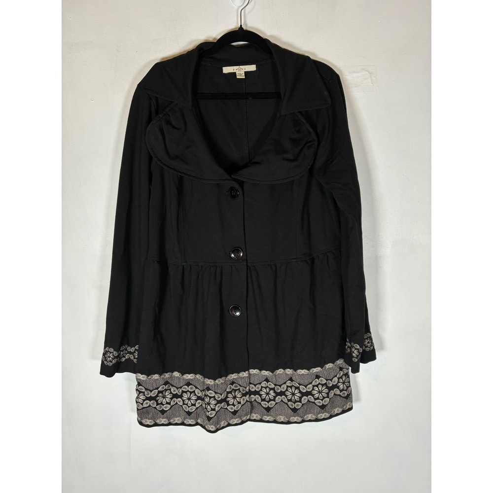Fever Black Embroidered‎ Peplum Jacket Coat Large Stretch Floral Boho Romantic